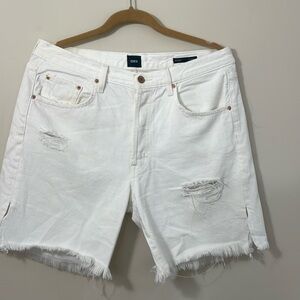 Edwin Cai White Long Distressed Shorts